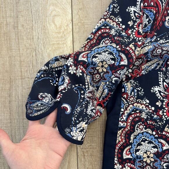 Catherines Blouse Womens 2X Paisley 3/4 Sleeve V-Neck Button Up Tunic Flowy Navy - Picture 9 of 12